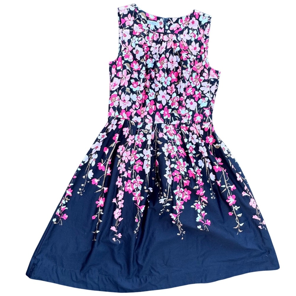 Talbots Dress Women 10 Navy Blue Excellent Floral Sleeveless Fit Flare Cotton